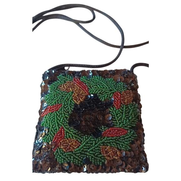 Vintage Beaded Sequin Christmas Wreath Evening Bag Purse Holiday Festive - Picture 1 of 6